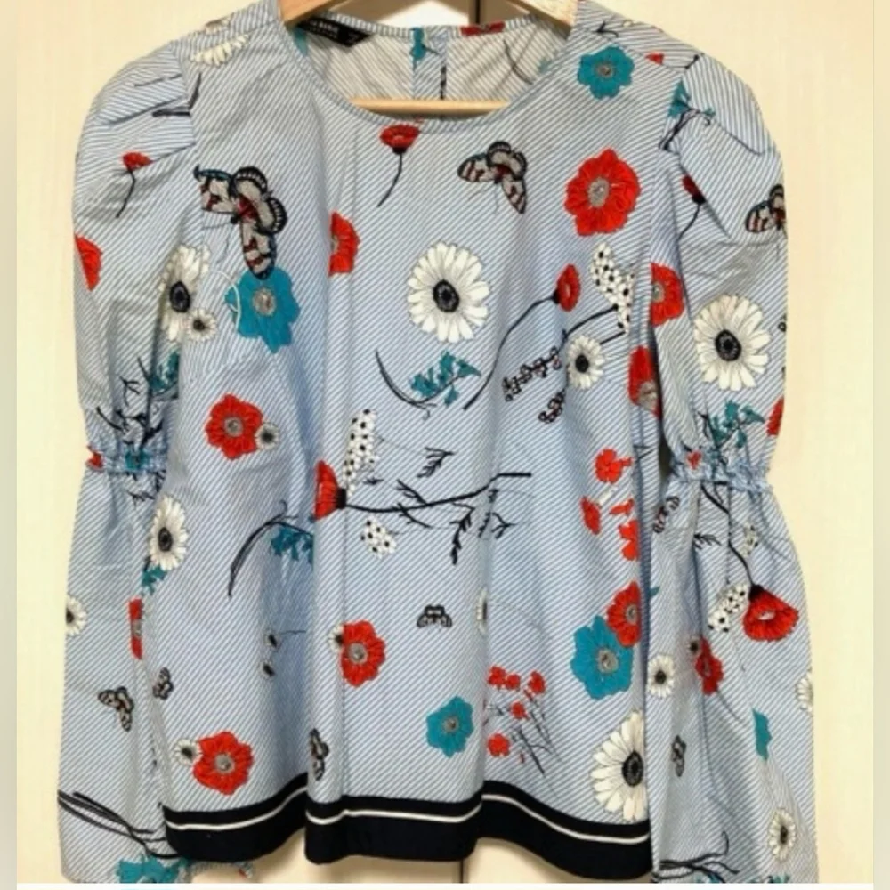 Zara Pinstripe Floral Puff Sleeve Cotton Blouse Button Down Back Women's XS